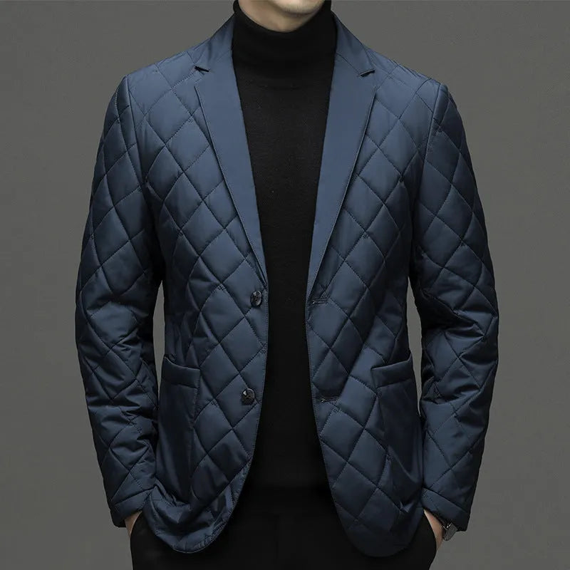 Men's black lapel collar down jacket in regular cardigan cut with side seam pockets.