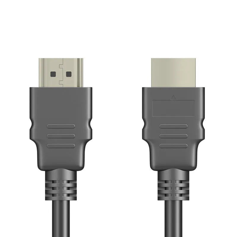 Black HDMI cable with nickel-plated connectors on a white background