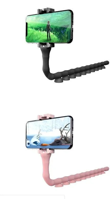 Black flexible worm arm phone holder with suction cup extended, showing 360-degree rotating bracket.