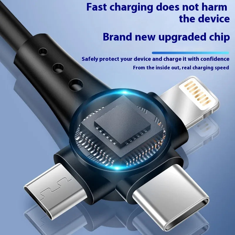 Super Fast Charge 3-in-1 telescopic data cable with Type-C, Micro USB, and Lightning connectors, 1.5m, TPE black