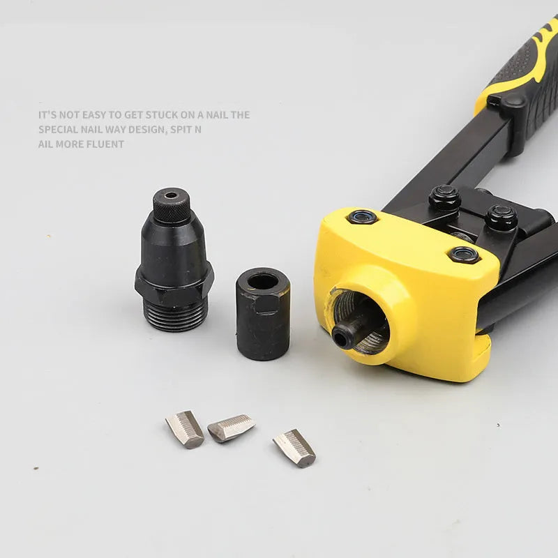 Yellow 13-inch manual rivet gun with three built-in nozzle sizes on a workbench