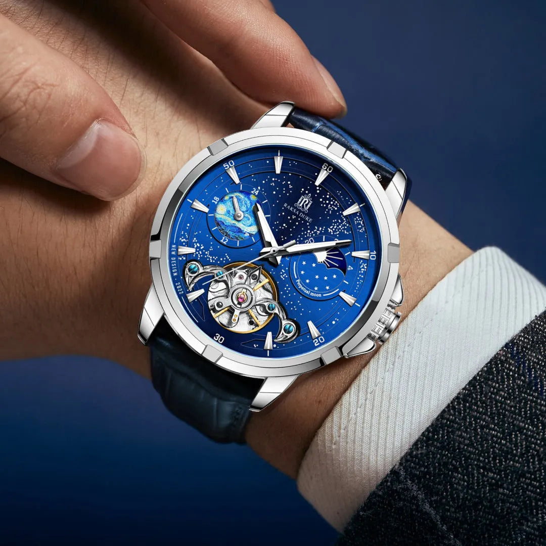 Men's blue dial automatic mechanical watch with stainless steel case 40mm diameter