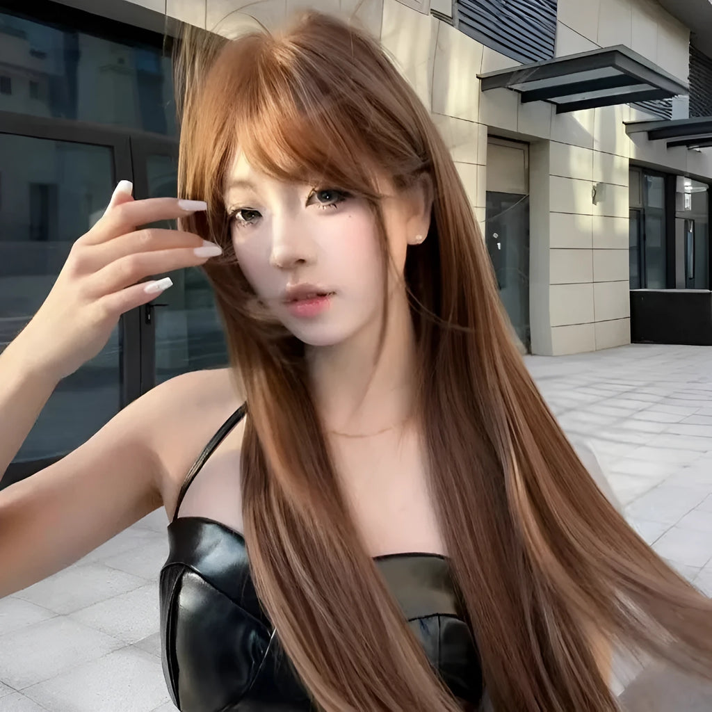 Warm brown long straight synthetic wig with fringe, made from high temperature fibre.