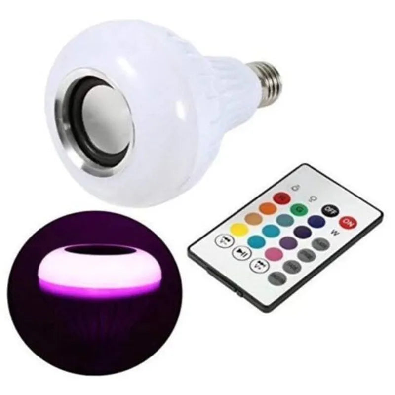 White smart LED Bluetooth speaker light bulb with E27 screw base for colour-changing mood lighting.