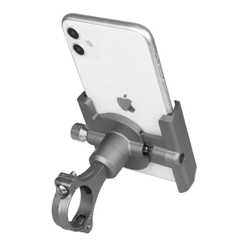 Bicycle phone holder made from CNC aluminium alloy in Black, with phone mounted on handlebar