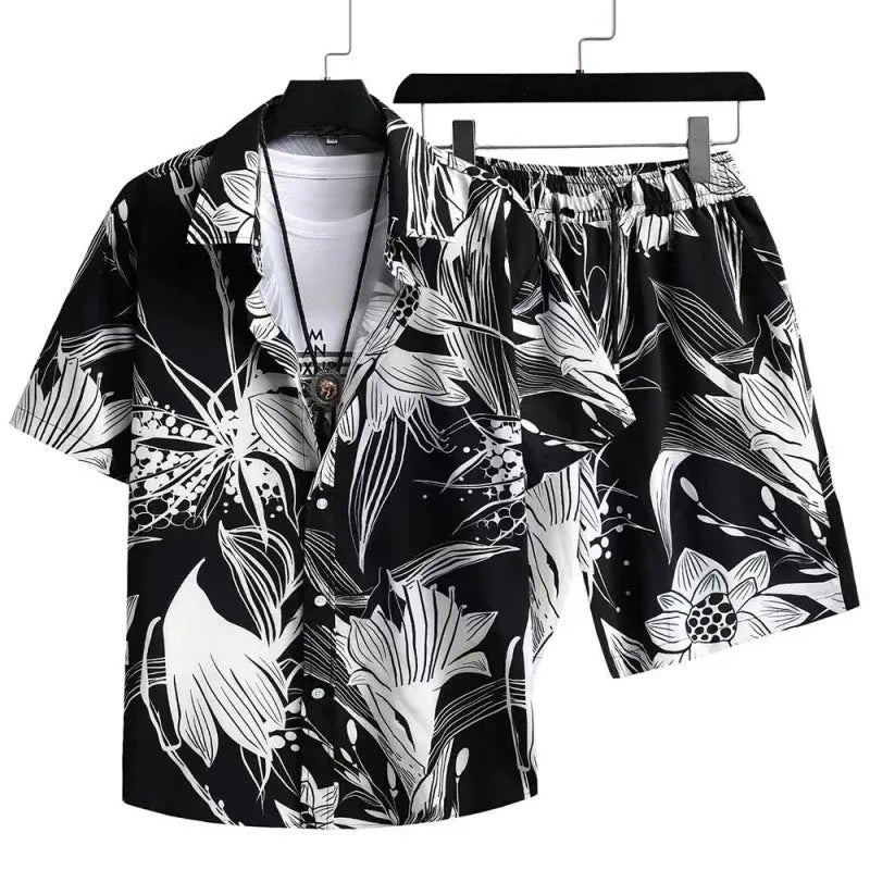 Men's digital print short sleeve cardigan suit with matching shorts in polyester fabric