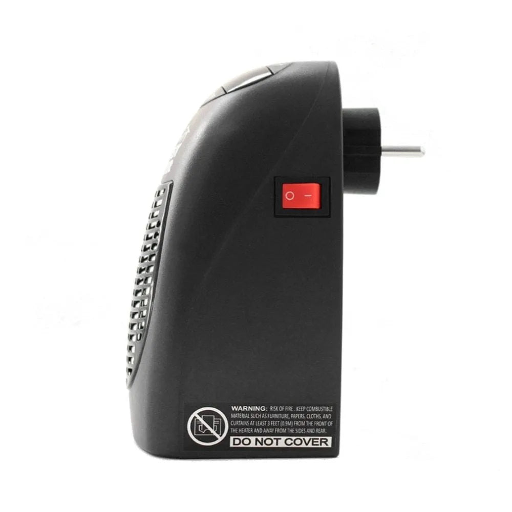Black portable electric ceramic heater with digital display and rotating plug on a table