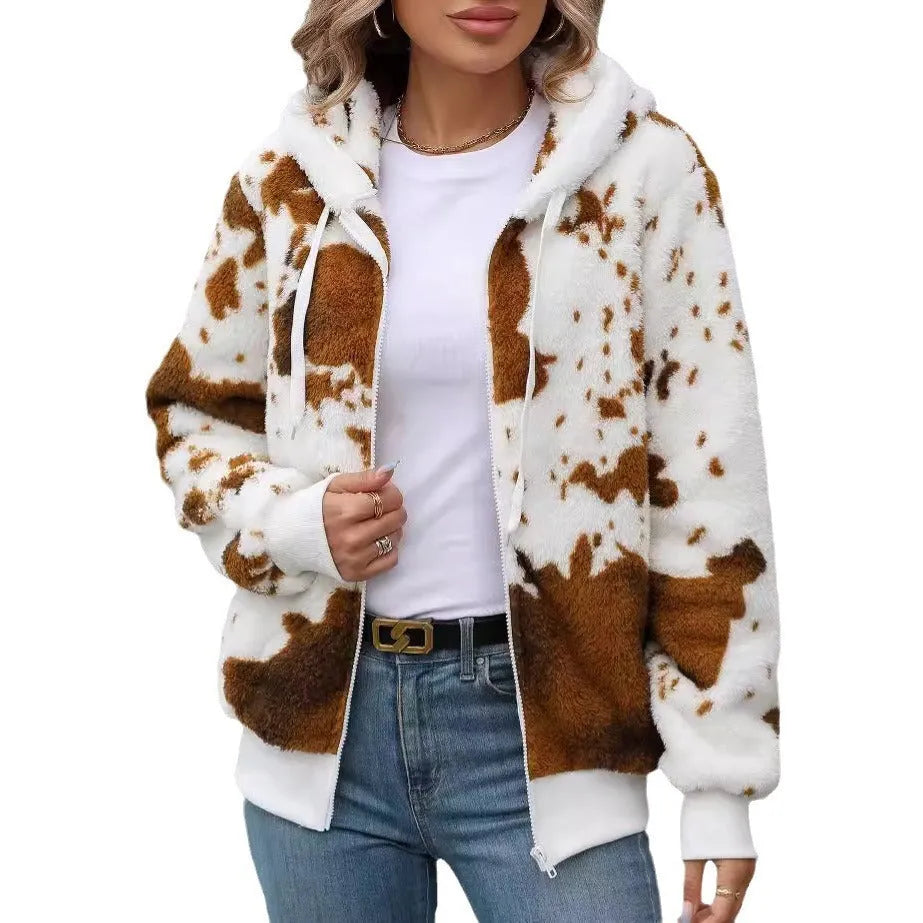 Yellow brown cow animal pattern hooded cardigan jacket with zipper front and regular sleeves