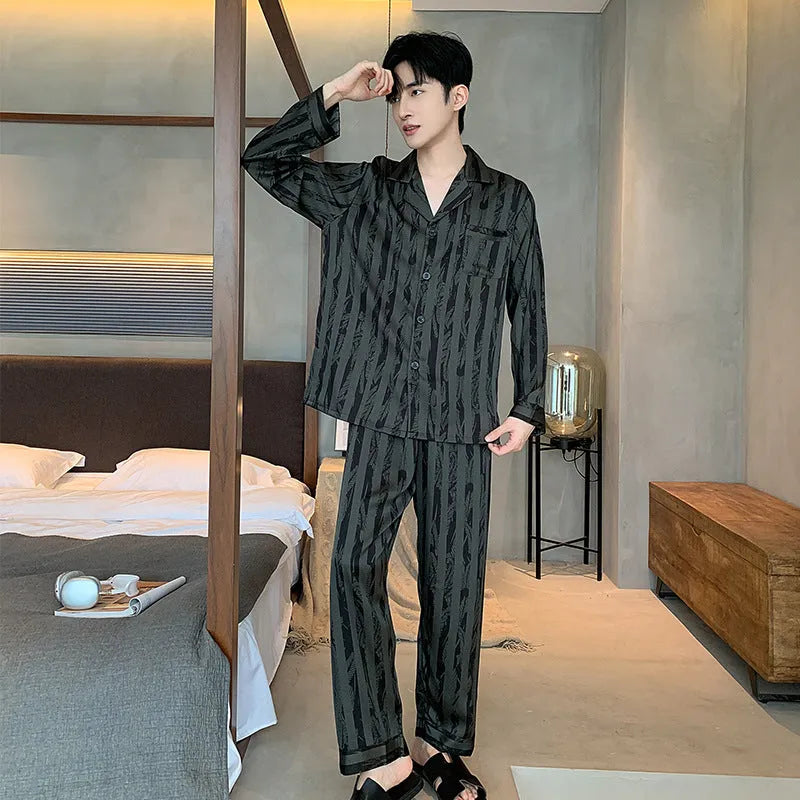 Ice silk men's pajama set with V-neck long sleeve top and thin trousers in Black Stripes