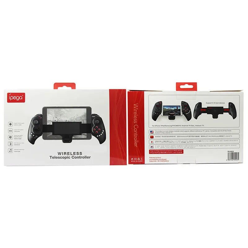 Telescopic wireless game controller extended to hold a mobile phone, showing USB connector.