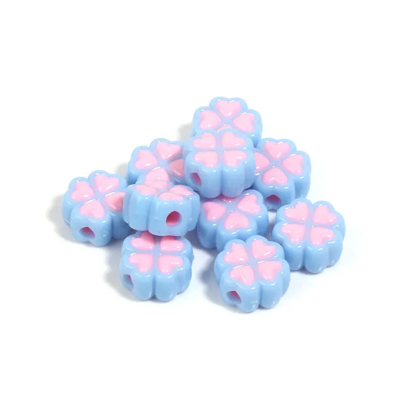 Acrylic four-leaf clover beads in mixed colours with frosted finish, 15mm diameter for jewellery making