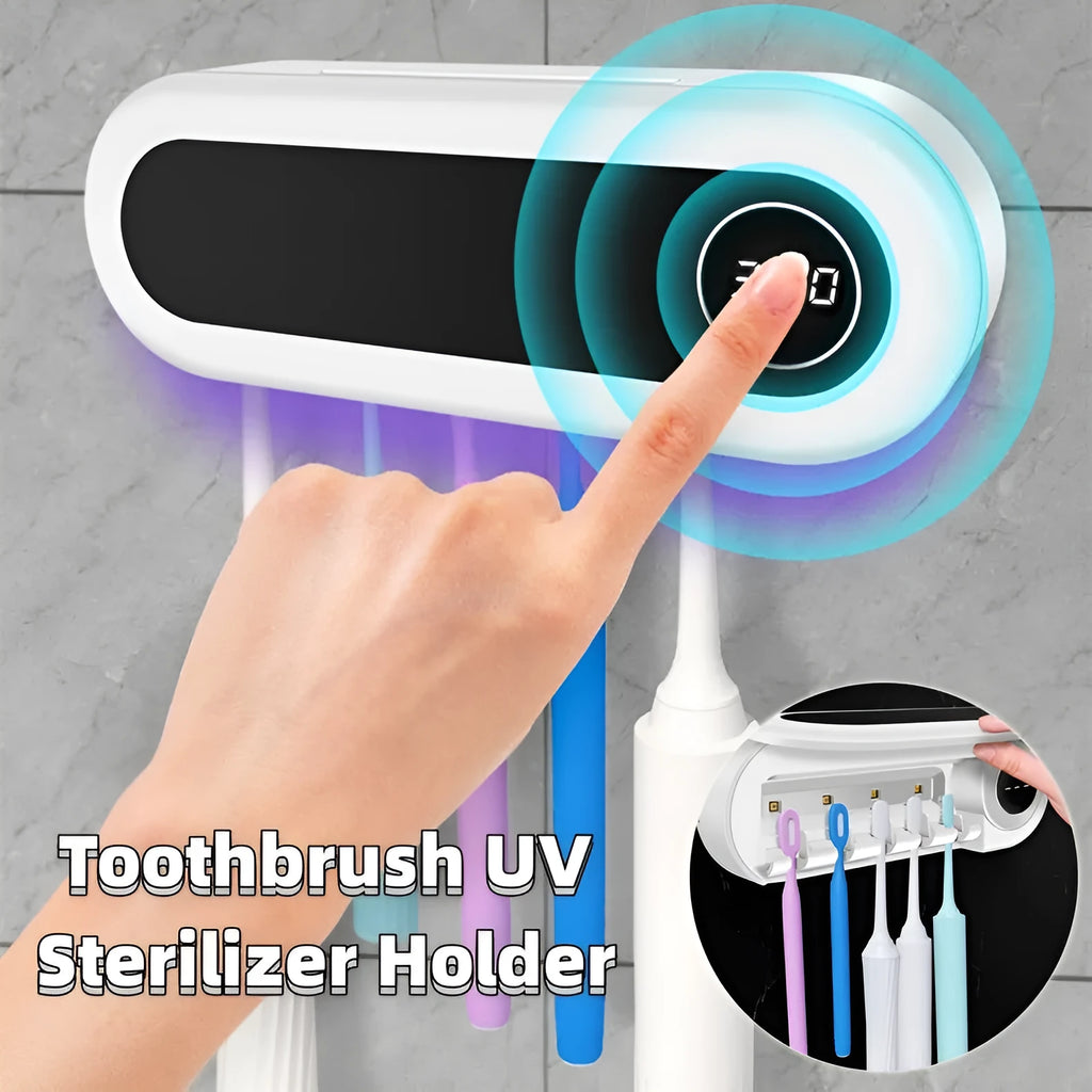 Ivory White wall mounted toothbrush holder with UV sterilizer, toothpaste dispenser squeezer, and backlit digital display
