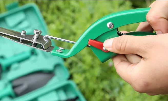 Ten-piece gardening tool set with iron heads and green plastic handles on a wooden background