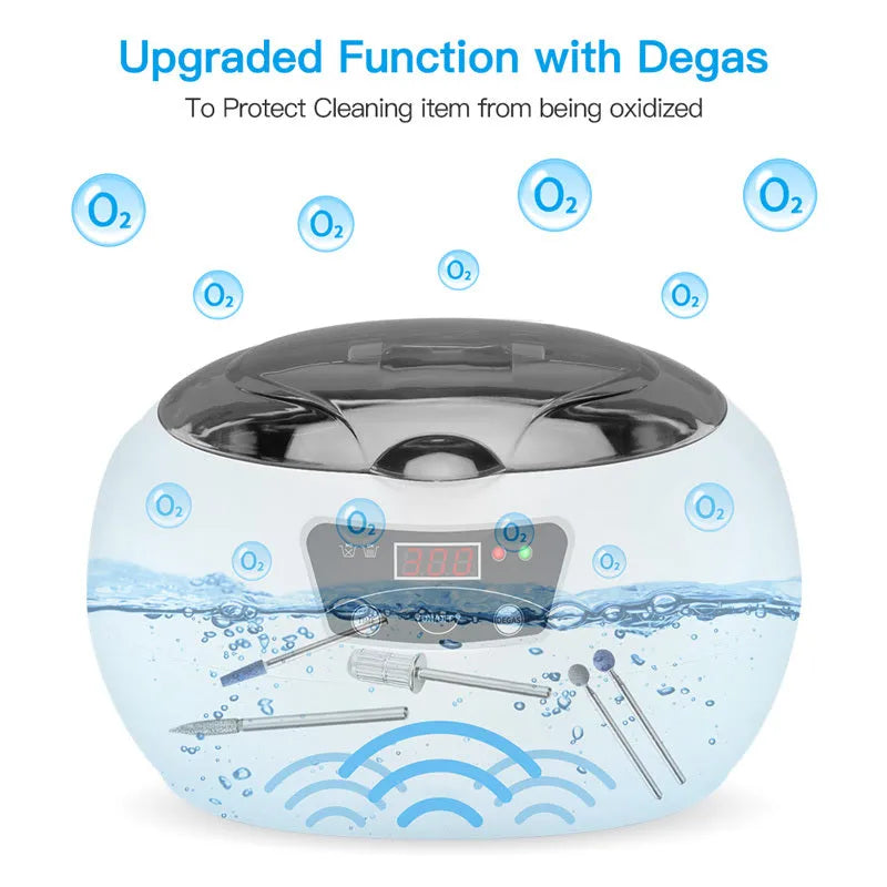 White blue ultrasonic cleaning machine for home use, 20.6cm x 15.2cm x 13.2cm, with digital control panel on a kitchen counter