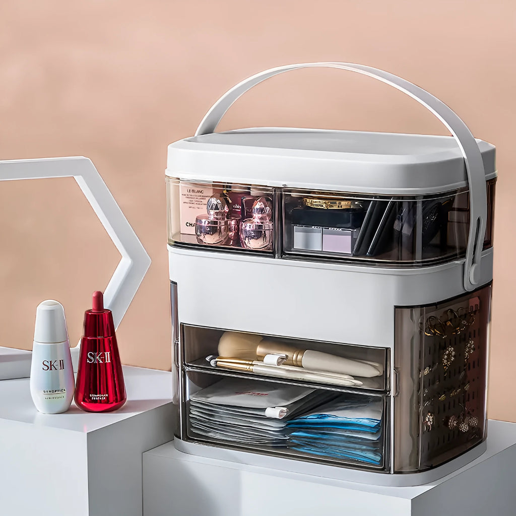 Multifunctional LED makeup box in grey with mirror open showing cosmetics and jewellery storage compartments