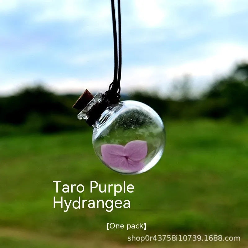 Glass fire extinguisher shaped pendant with preserved hydrangea flowers for car interior decoration
