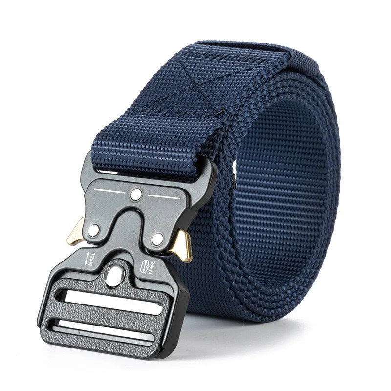 Men's thick canvas tactical belt with alloy release buckle in Army Green colour showing 120cm length