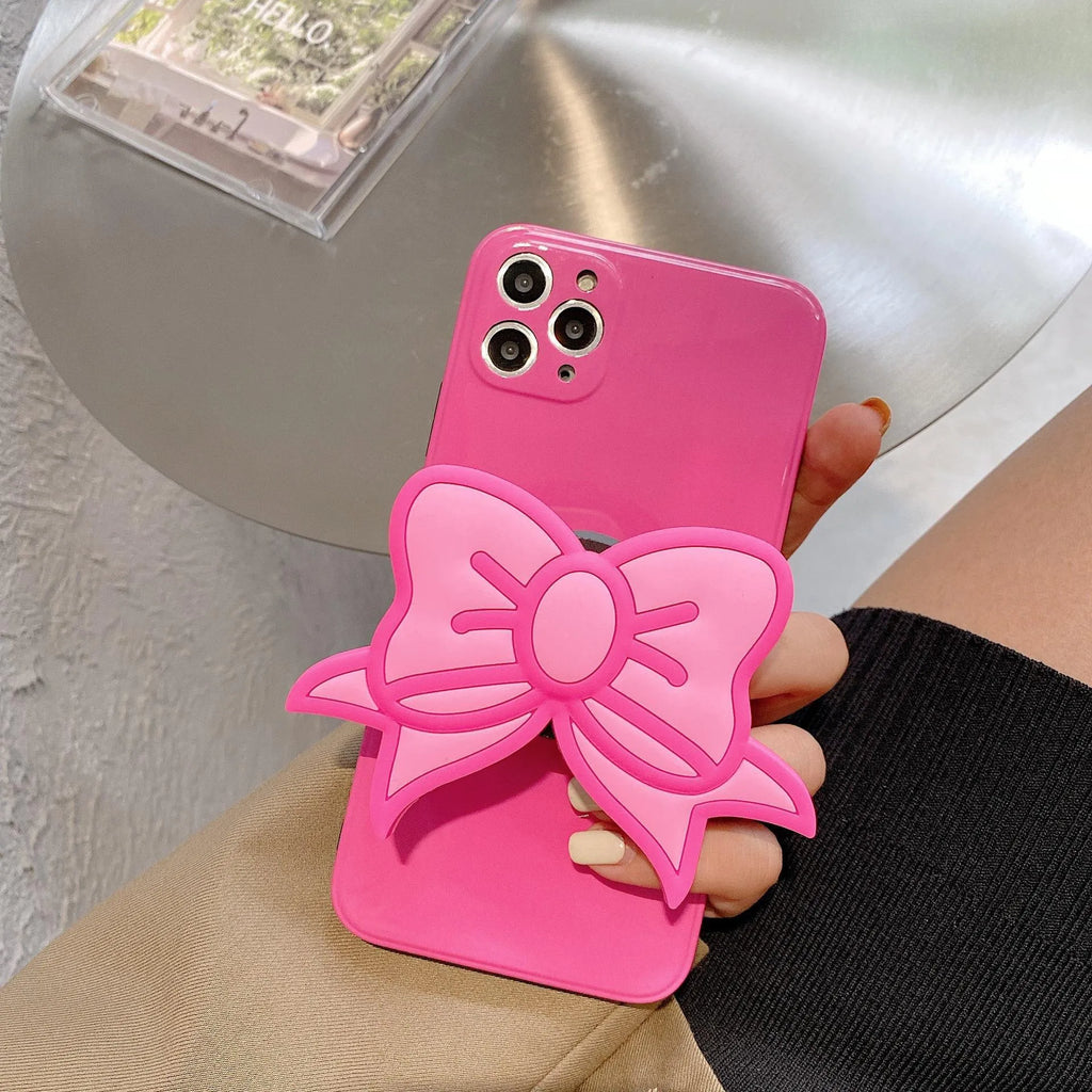 Rose Red TPU phone case with pink bow and kickstand for Apple iPhone