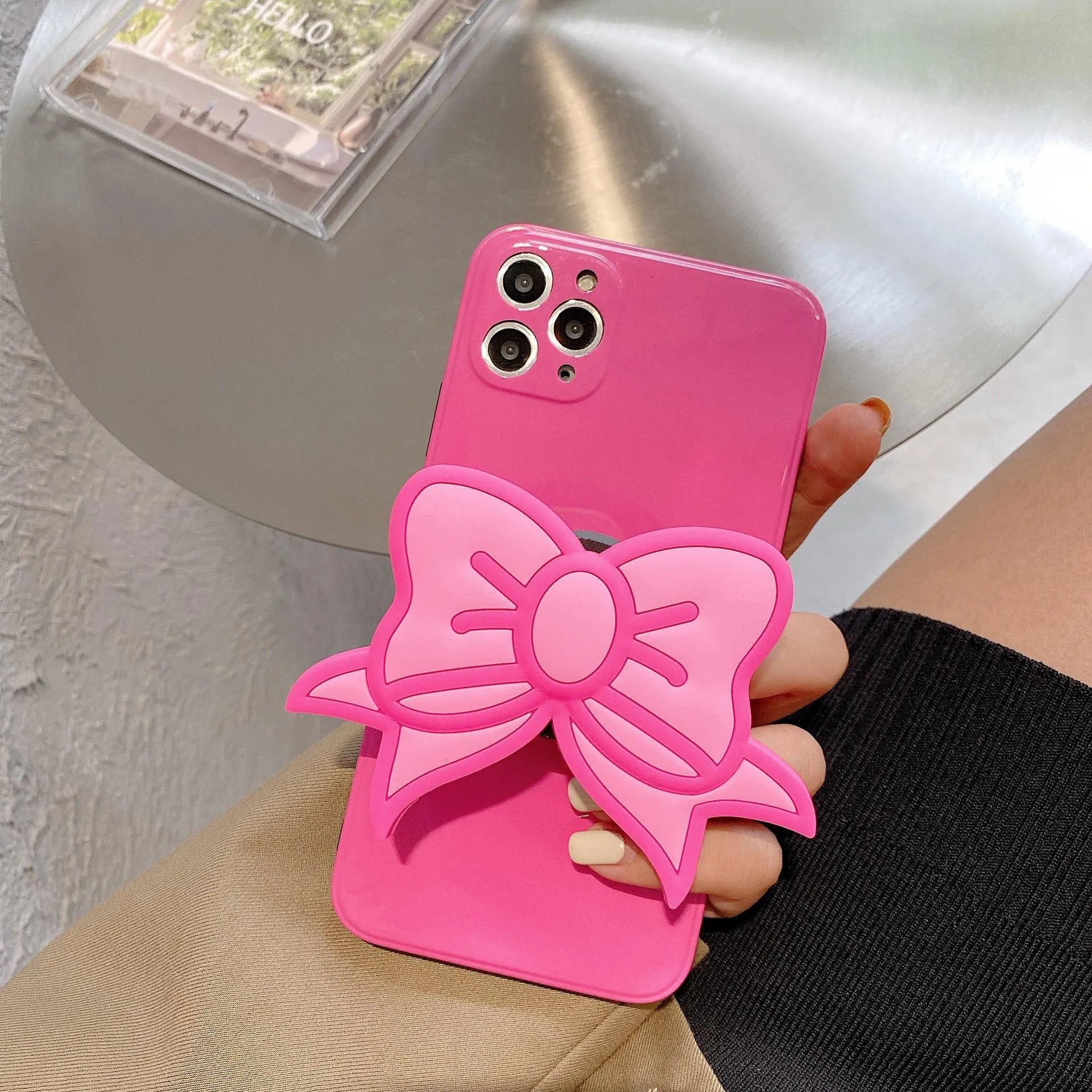 Rose Red TPU phone case with pink bow and kickstand for Apple iPhone