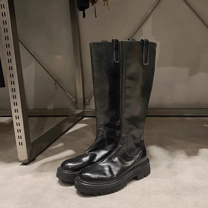 Round head thick bottom chunky heel long tube knight boots in black with back zipper and microfiber upper