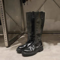 Round head thick bottom chunky heel long tube knight boots in black with back zipper and microfiber upper