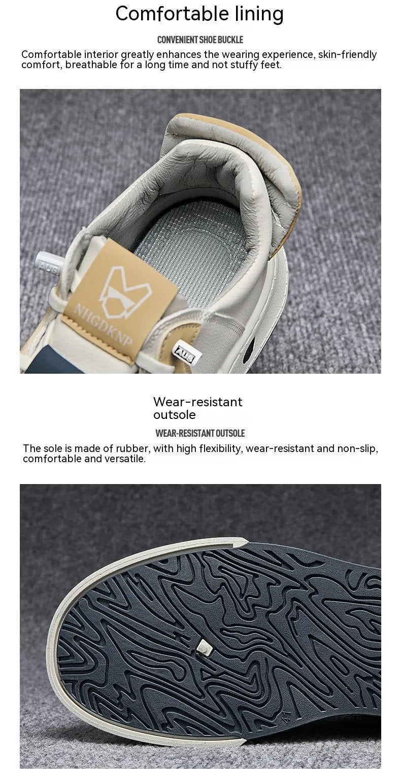 Men's beige casual sneakers with elastic band fastening and leather stitching detail