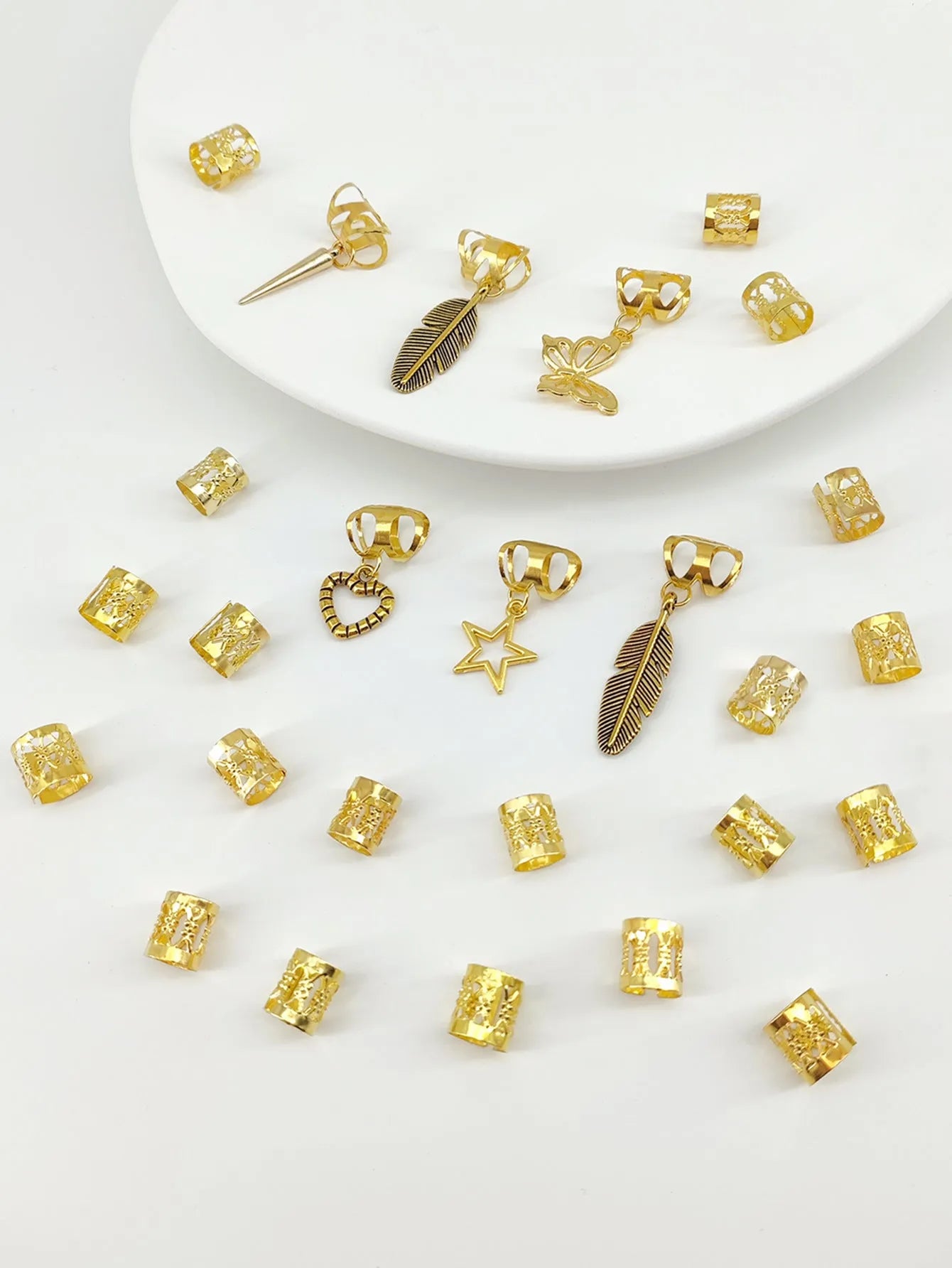 Gold antique-style leaves alloy dirty braid hair rings pack of 26 for hip hop hairstyles