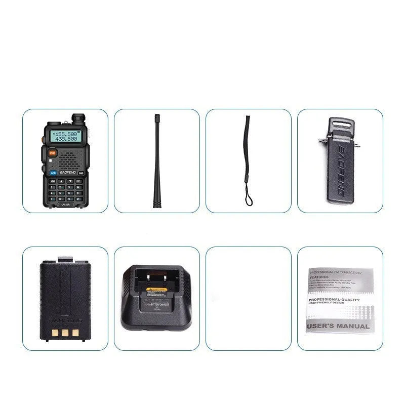 Baofeng UV5R portable walkie talkie in black plastic with antenna and belt clip