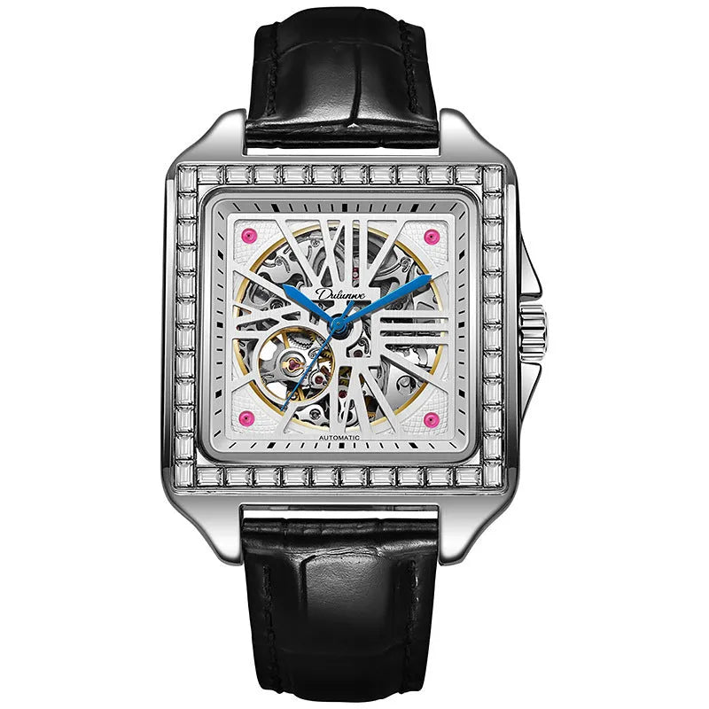 Square diamond-studded automatic watch for men with choice of black or white steel and leather straps
