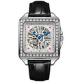 Square diamond-studded automatic watch for men with choice of black or white steel and leather straps
