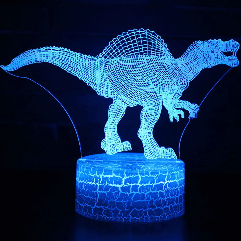 Dinosaur series colourful 3D night light with acrylic guide plate and black ABS base on a wooden surface