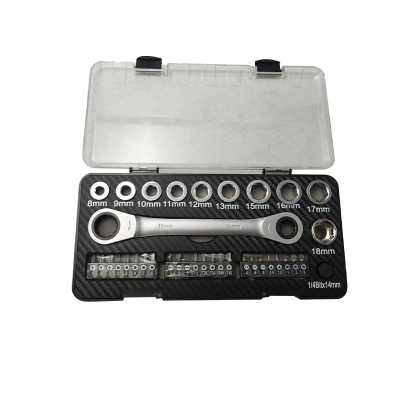 Ratchet wrench set with sockets and batch heads arranged alongside dual-purpose tool