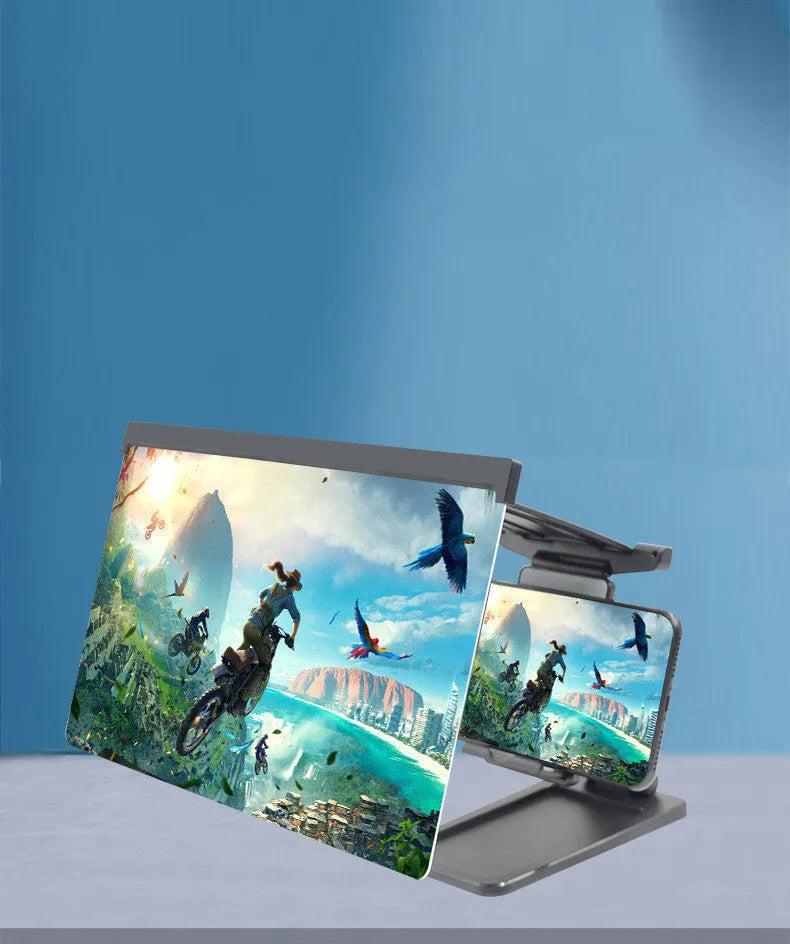 Black folding mobile phone screen amplifier with detachable phone holder magnifying smartphone display