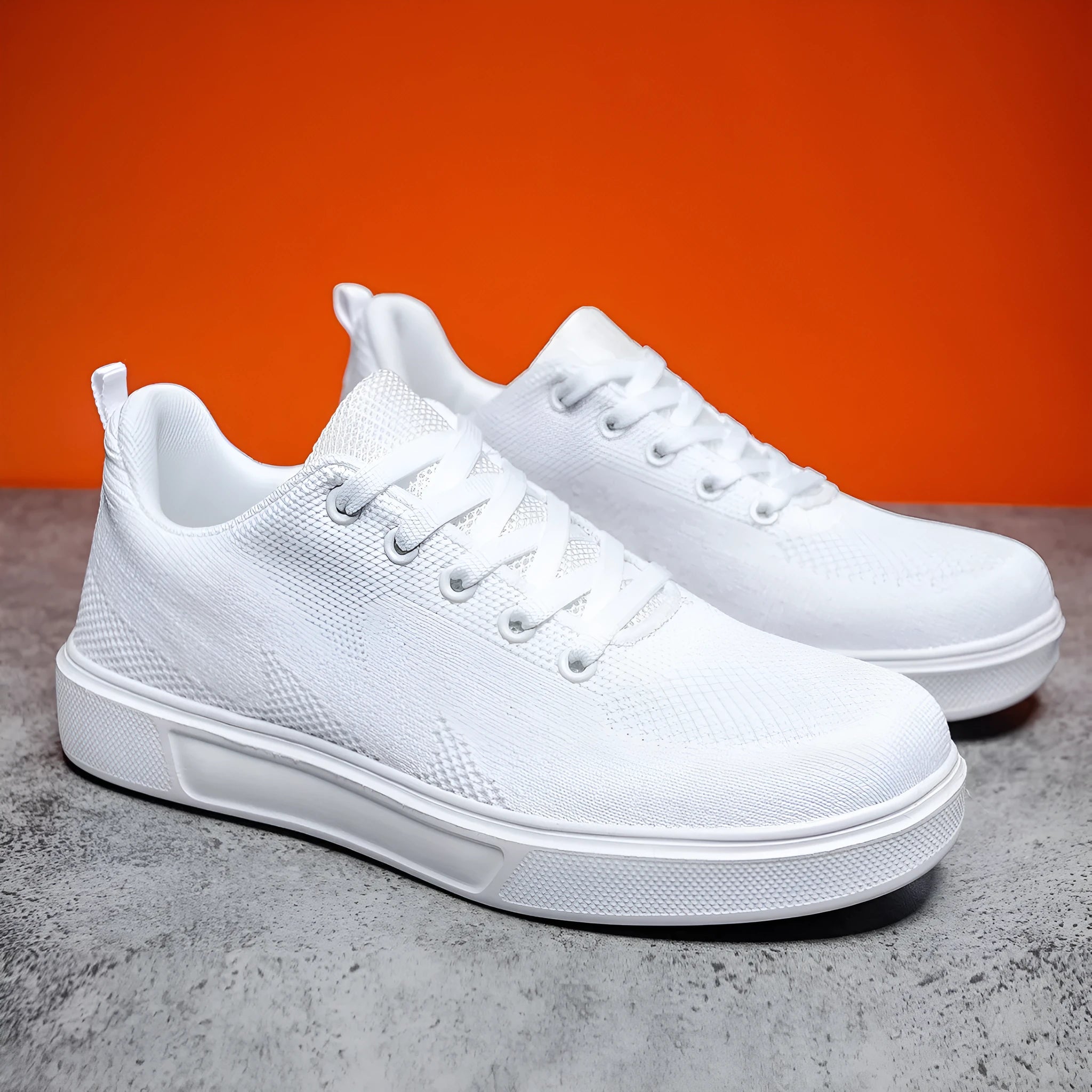 Light white thick sole casual board shoes with breathable mesh upper and EVA sole, lace-up flat heel design for unisex wear
