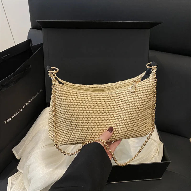 Straw woven beach shoulder tote bag in khaki with sandwich pocket and internal phone pocket