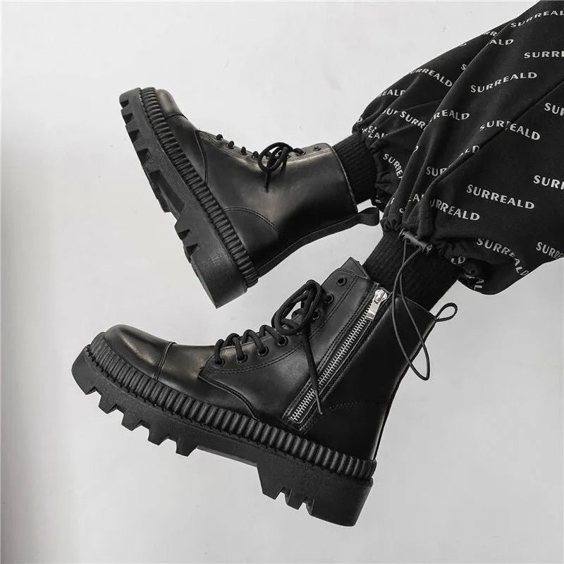 Men's black frosted leather Dr. Martens platform boots with a side zipper closure