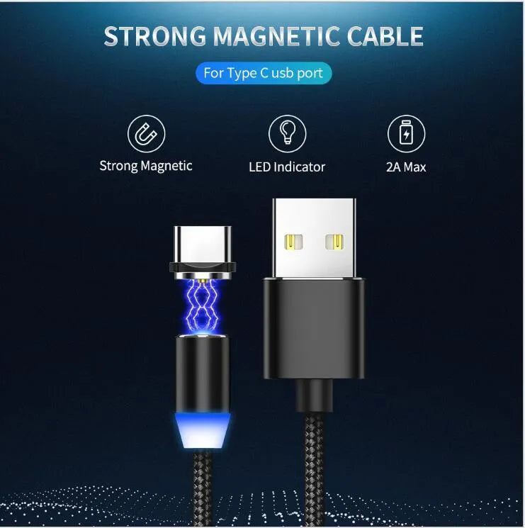 YBD 1 metre magnetic charging cable with cotton woven sheath and LED light, showing Lightning, Micro USB, and Type-C connectors.