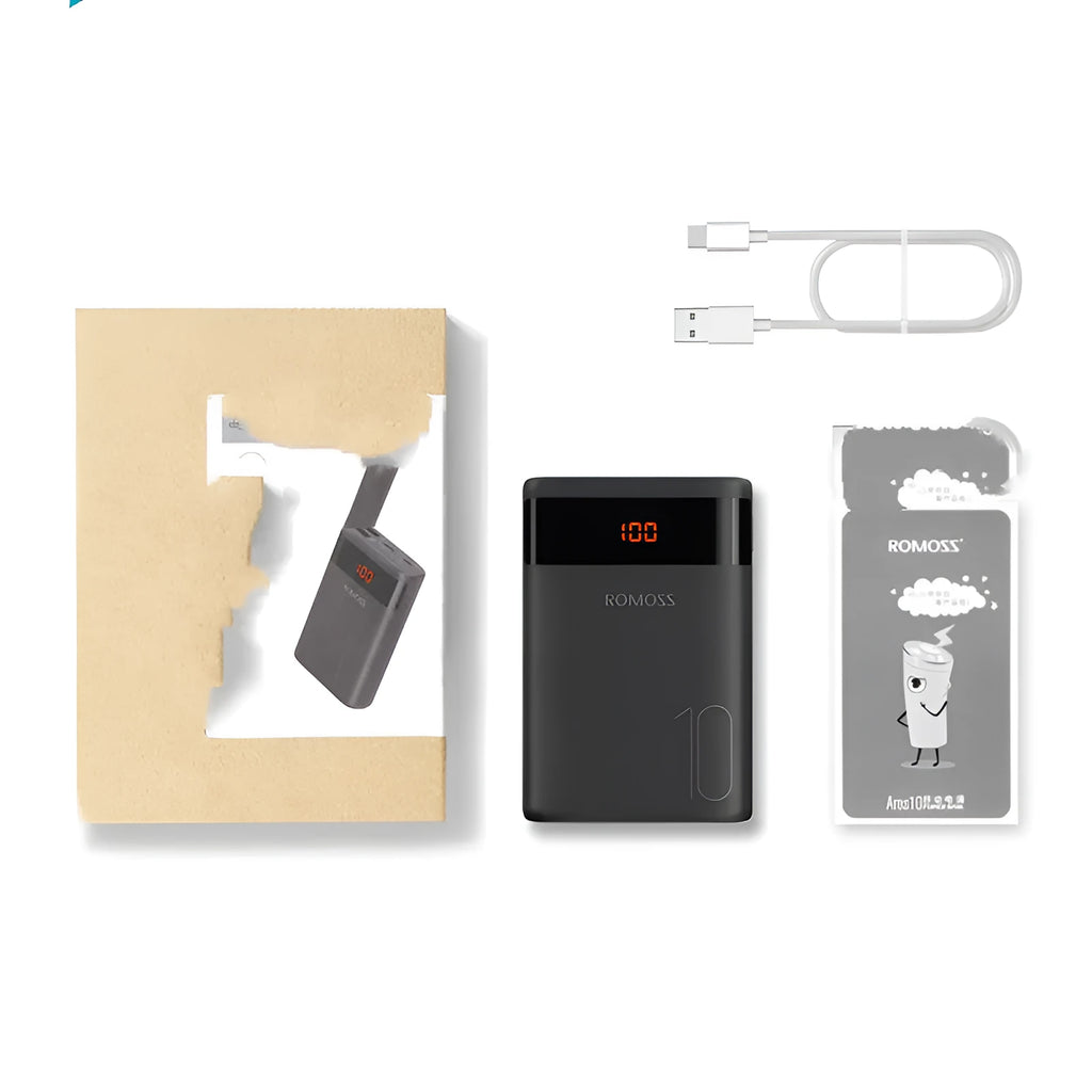 Roman Shi 10000mAh mini power bank in black with multi-U port output and compact 95x63.9x25.6mm size