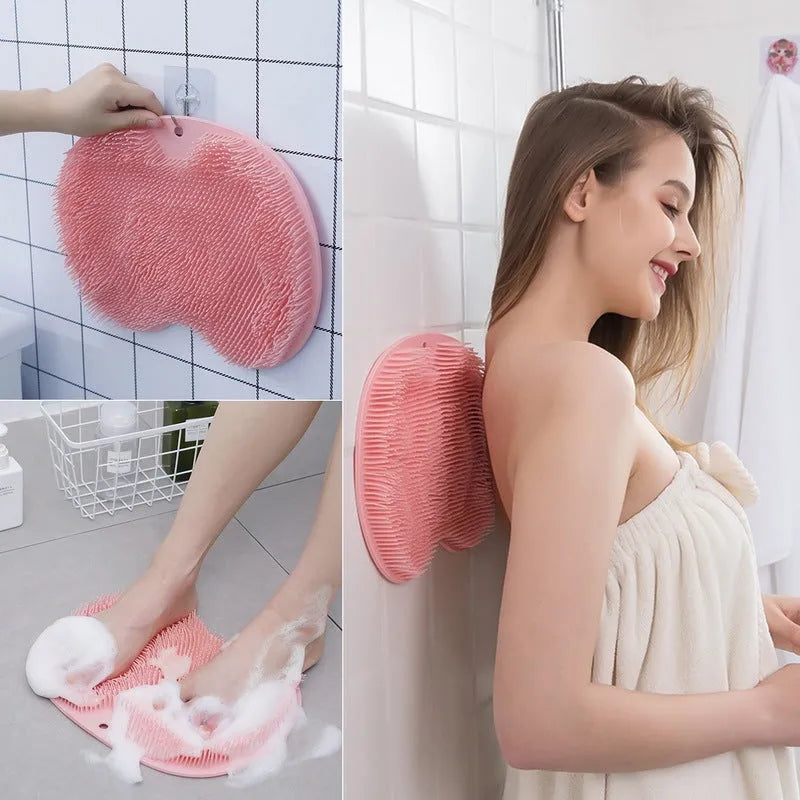 Non-slip bath mat with silicone bristles and suction cup base in a shower