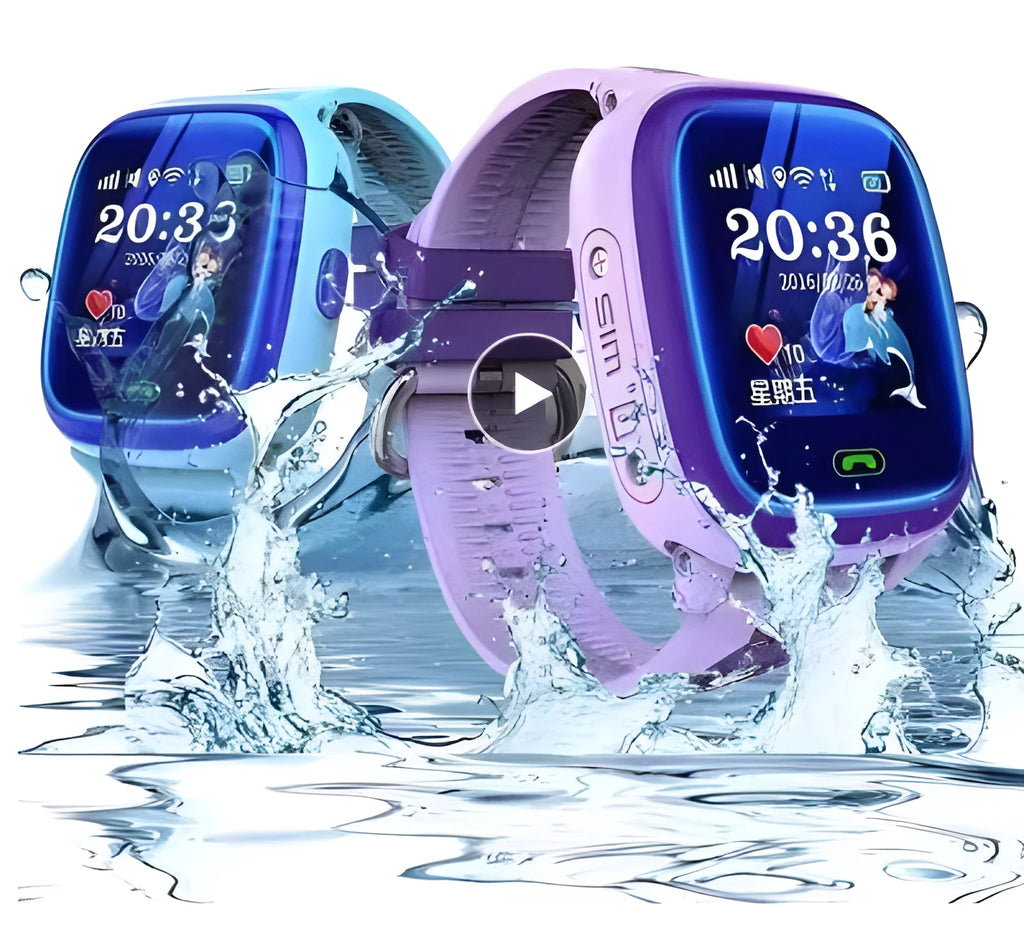 DF25 blue children's waterproof smart watch with touch screen and silicone wristband on a wrist.