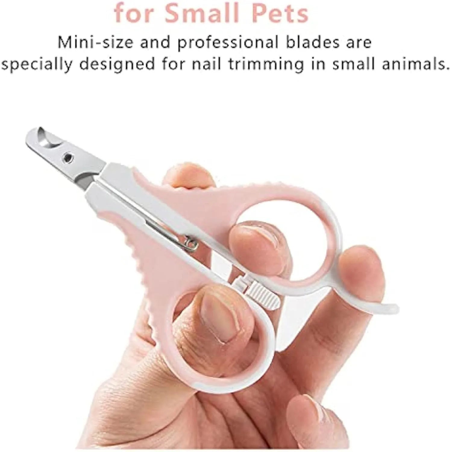 Grey and pink angled pet nail clippers with safety guard and rubber handle.