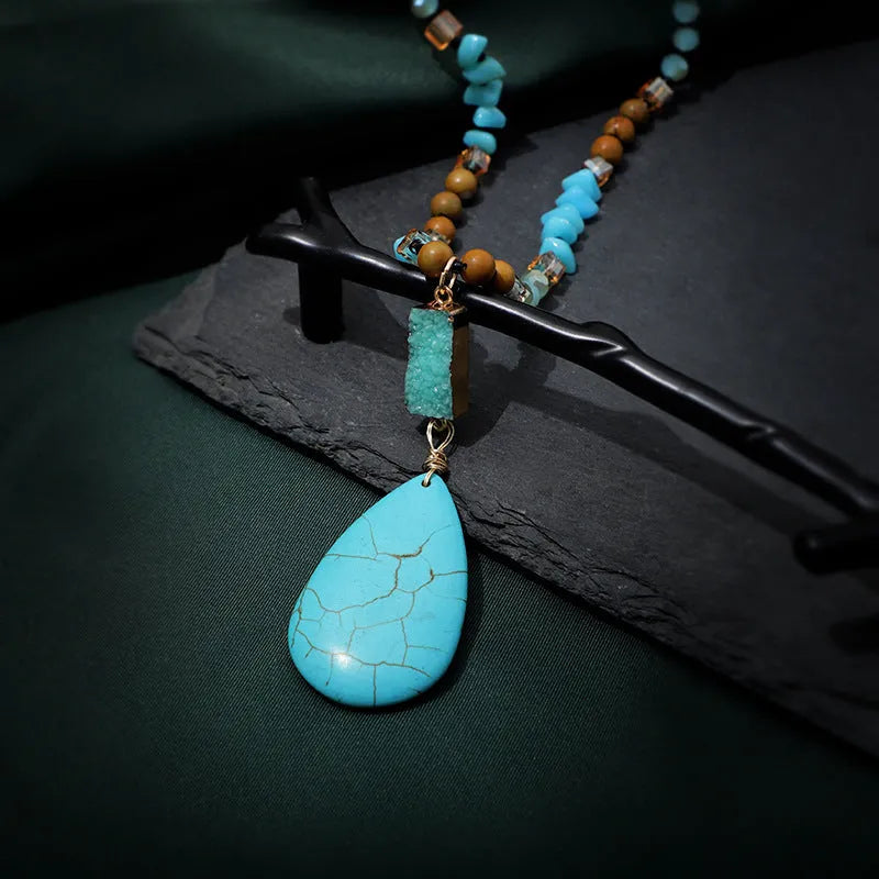 Blue turquoise imitation mineral pendant necklace with water drop shape and ball bead chain