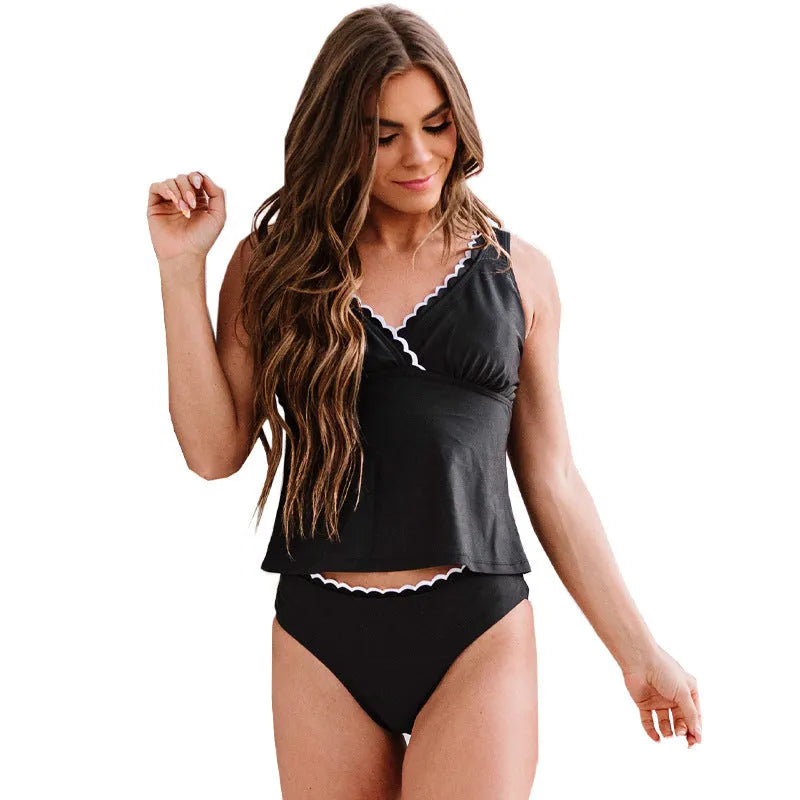 Black women's bikini swimsuit set with matching top and bottom on neutral background