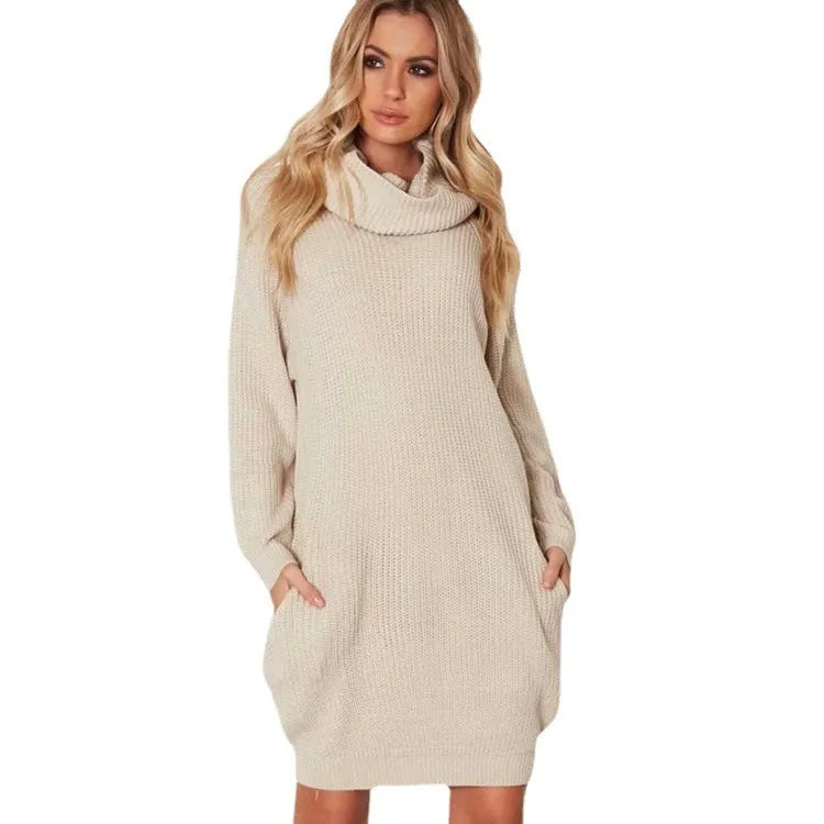 Women's loose fit lapel neck pullover sweater with pocket in light apricot colour.