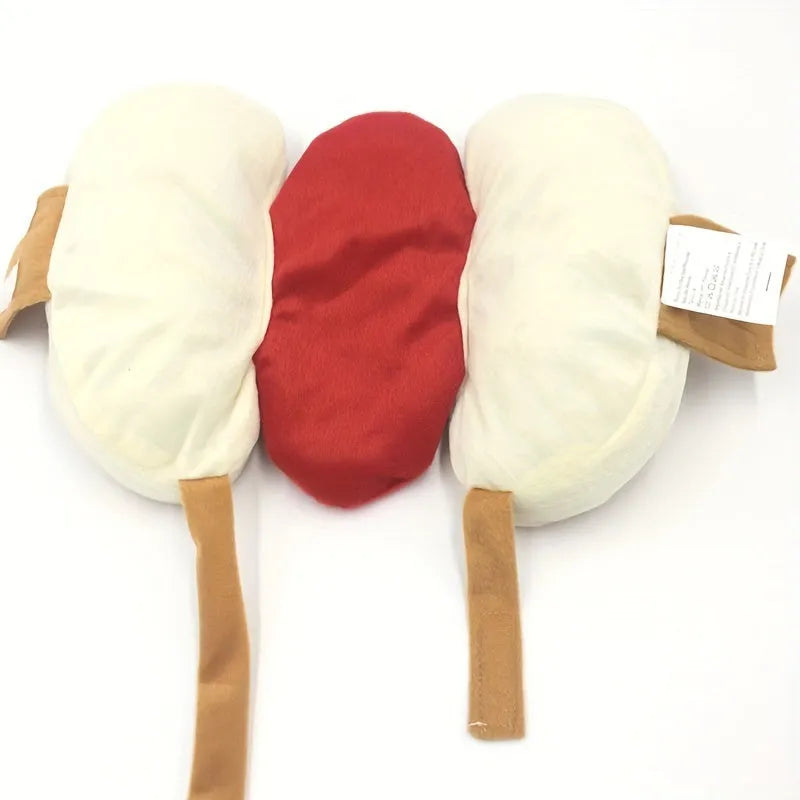 Funny hot dog costume suit on a small dog for pet cosplay and winter clothing.
