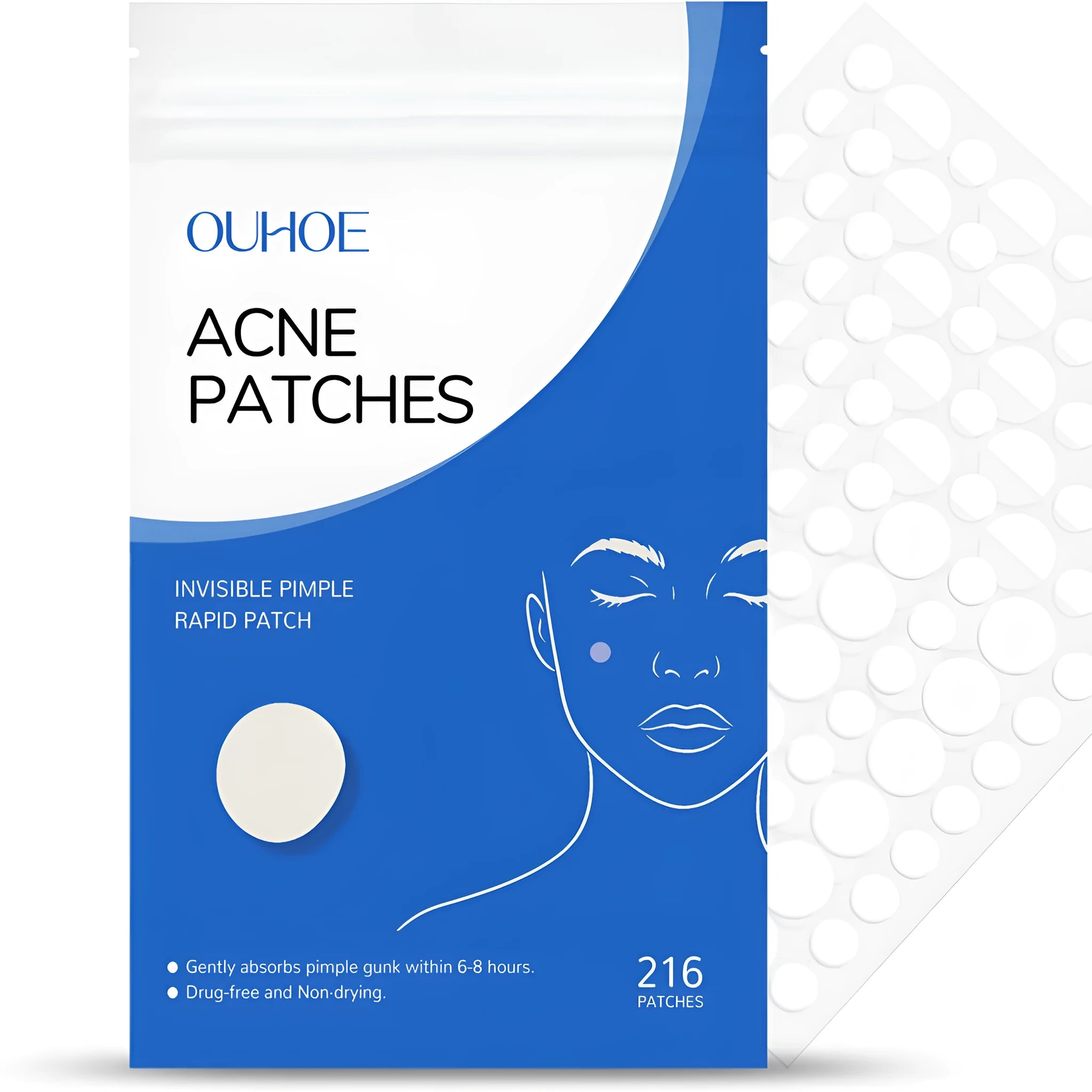 Transparent hydrocolloid acne patches in a pack of 216 with tea tree oil and vitamin E for spot treatment