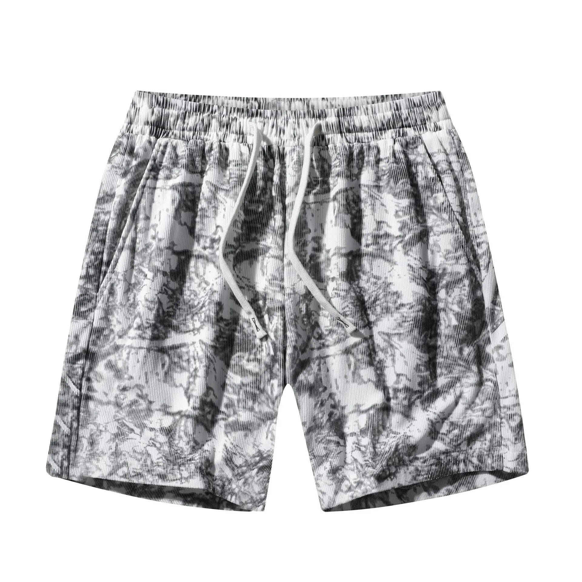 Men's camouflage pattern corduroy athletic shorts with straight leg cut and high waist