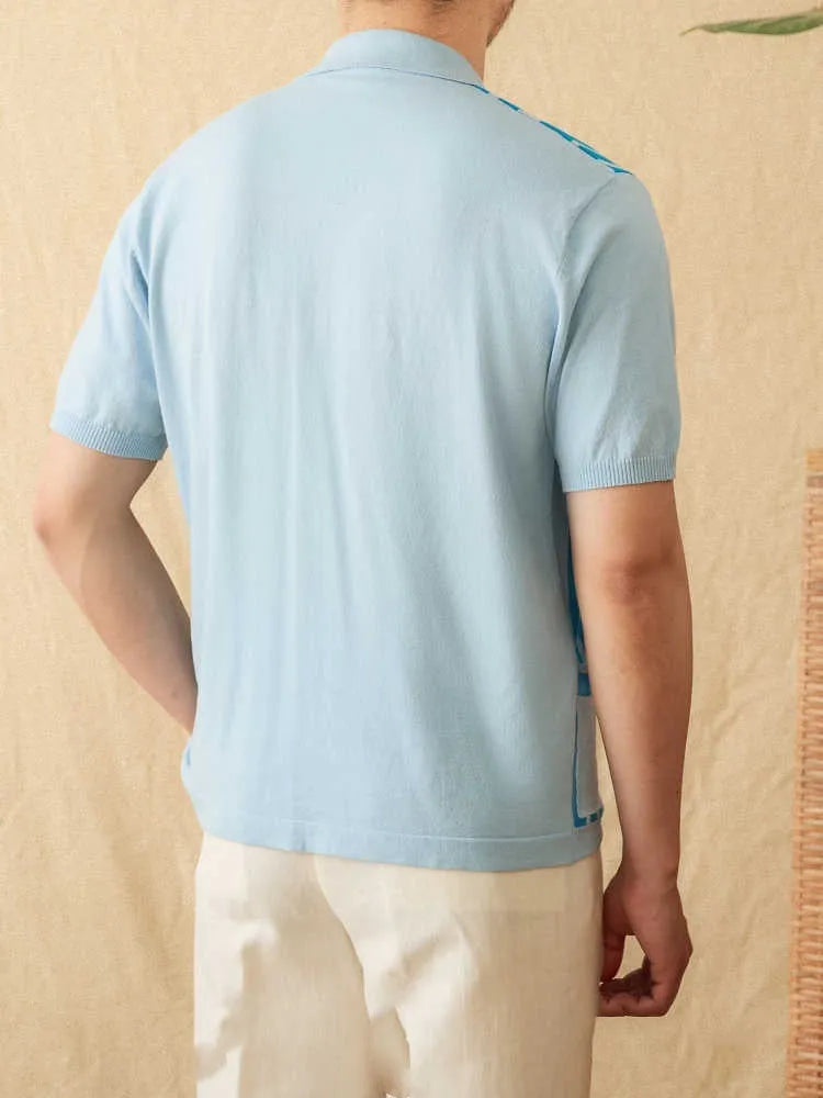 Short-sleeved striped knitted cardigan polo shirt with lapel collar in light blue, royal blue, and brown.