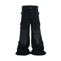 Detachable worn look cotton overalls in black, multi-pocket design with zip front, mid waist, side and front pockets visible