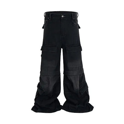 Detachable worn look cotton overalls in black, multi-pocket design with zip front, mid waist, side and front pockets visible